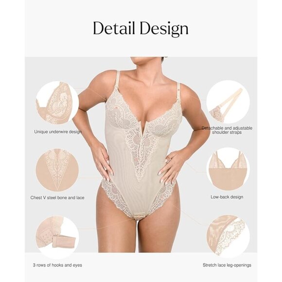 Popilush Lace Shapewear Bodysuit Thong Tummy Control Backless Cream 3XL NWT - Picture 2 of 4